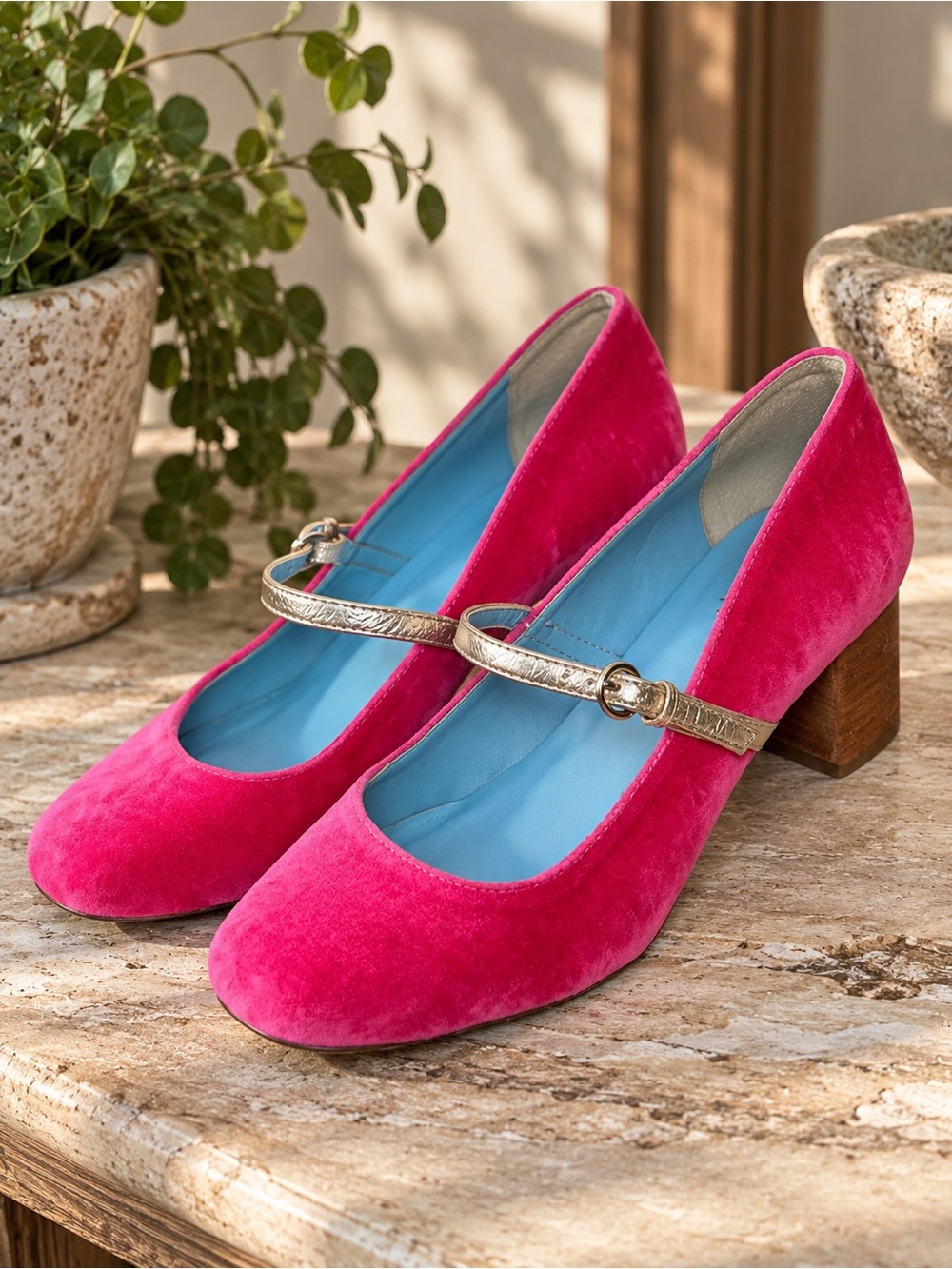 Frances Valentine Kat Pink Velvet Mary Jane Block Heels Gold 7B